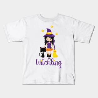 Witchling Design Young Witch Black Cat Halloween Wicca Kids T-Shirt